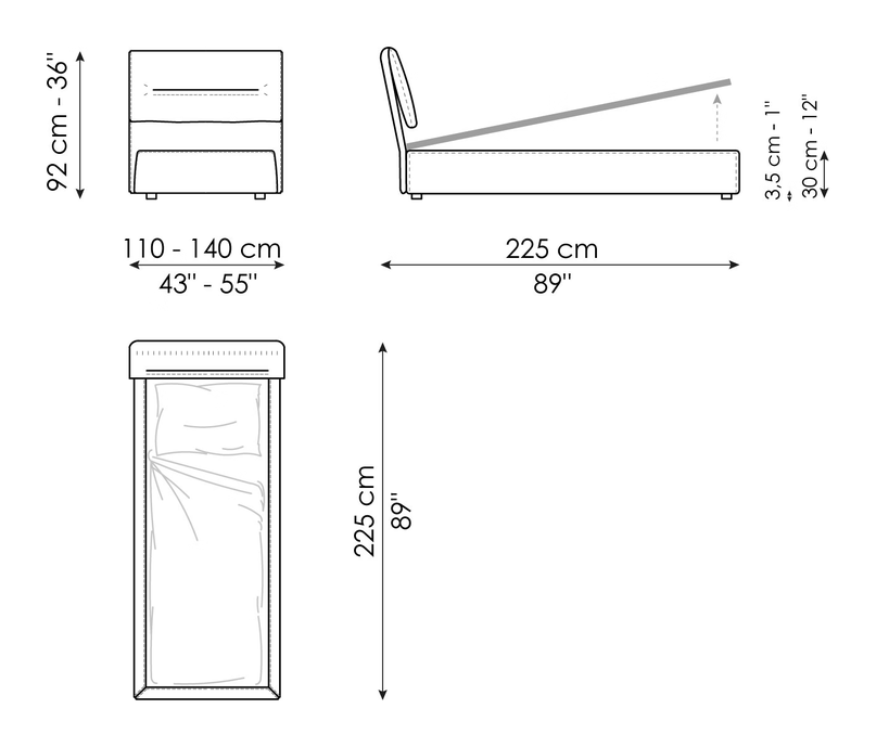 Campo Single Bed by Bonaldo, size drawing: Campo open