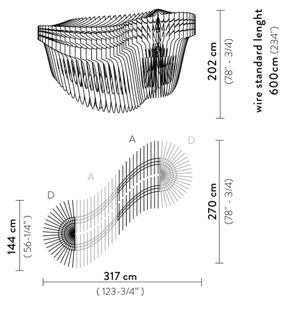 Aria Infinita Pendant Lamp by Slamp, size drawing: Aria Infinita Arrangement 1