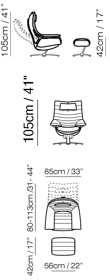 Re-Vive Lounge Recliner by Natuzzi Italia: Re-Vive armchair with footrest and headrest, outline drawing with sizes