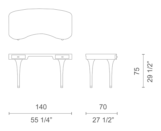 Riga Desk by Cappellini, size drawing