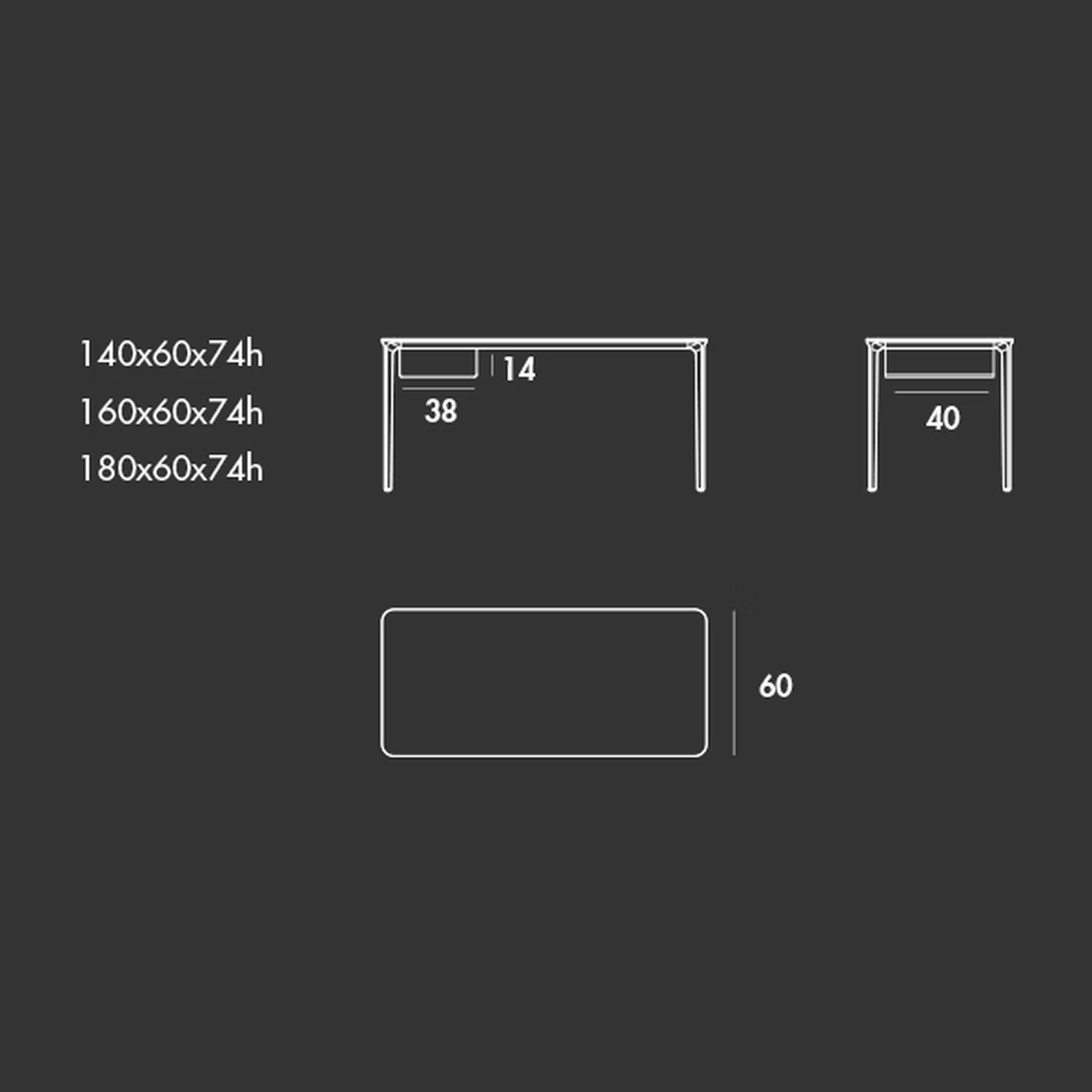 Slim Office Desk by Sovet, size drawing: Desk