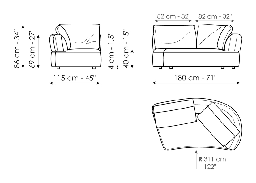 Aldebaran Sofa by Bonaldo, size drawing: Curved end section sofa 180