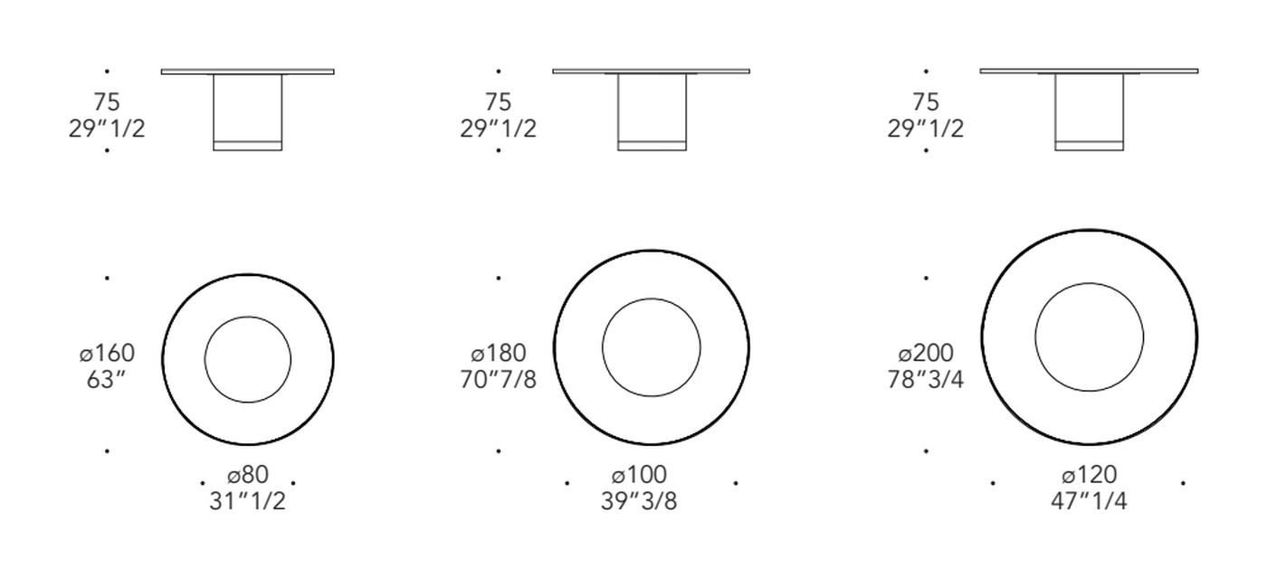 Signore degli Anelli 72 Steel Tondo Table by Reflex, size drawing