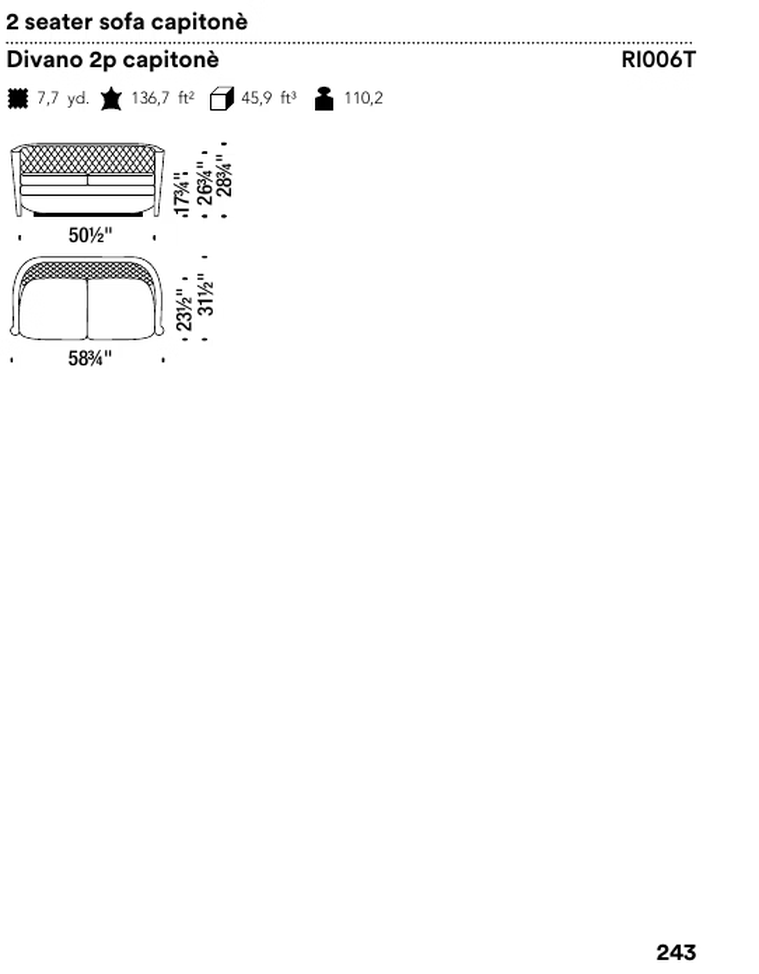 Rich Cushion Sofa by Moroso, size drawing: 2 seater sofa capitonè