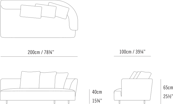 Max Sectional by Bensen, size drawing: Max Sectional 200 Right