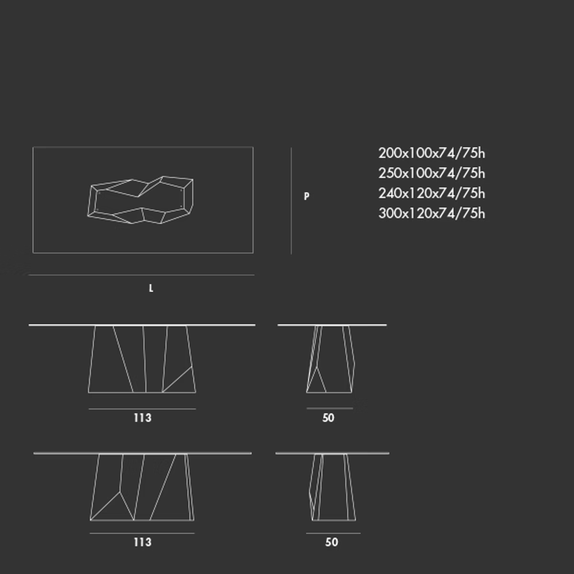 Grandeod Table by Sovet, size drawing: Rectangular