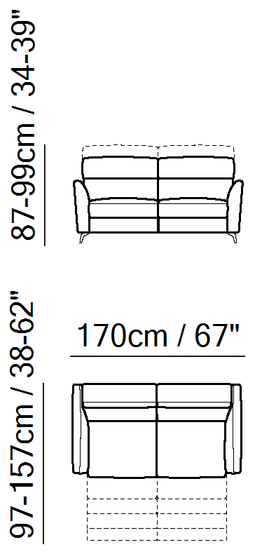 Stan Sectional by Natuzzi Italia: Two-seater sofa with two electric recliner functions, outline drawing with sizes