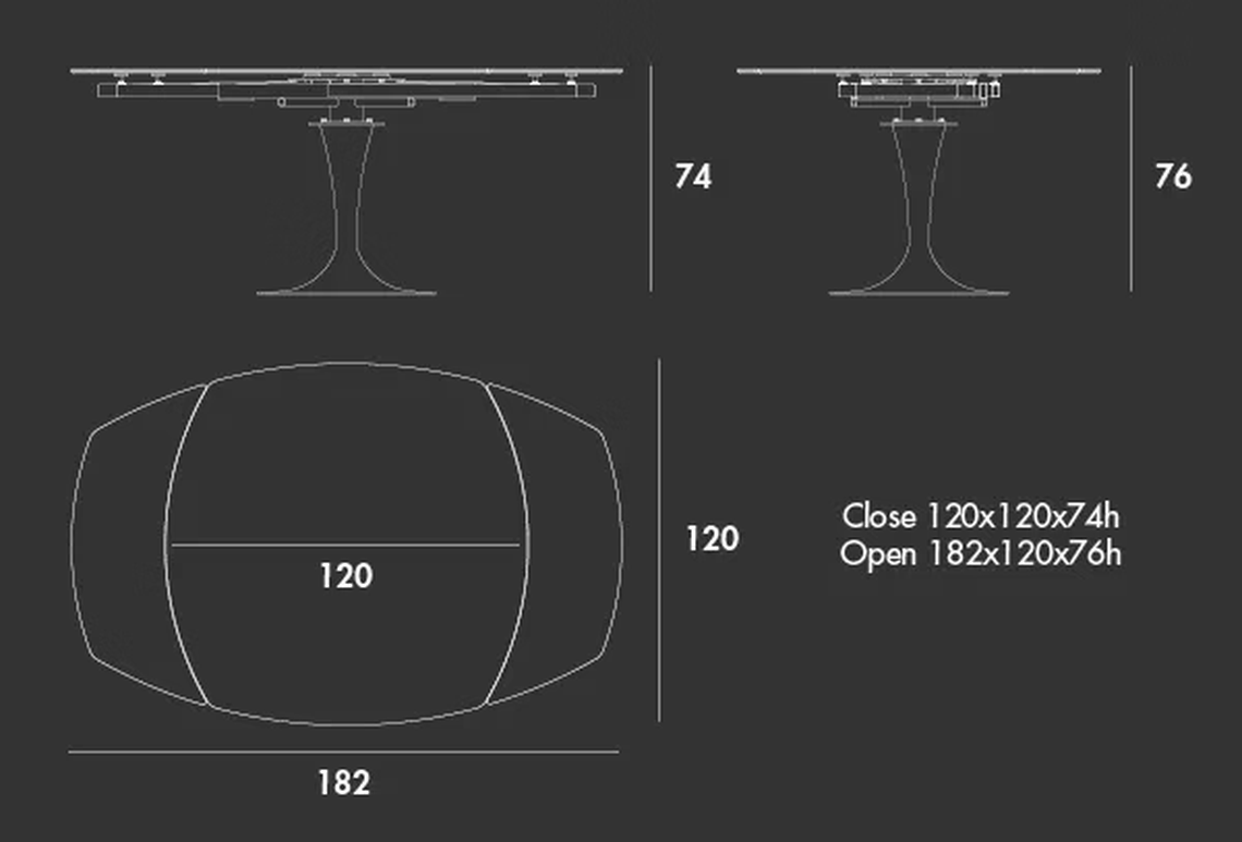 Flûte Extendable Table by Sovet, size drawing: Shaped