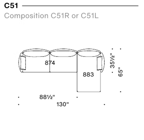 Gentry Sofa by Moroso, size drawing: Composition C51R or C51L