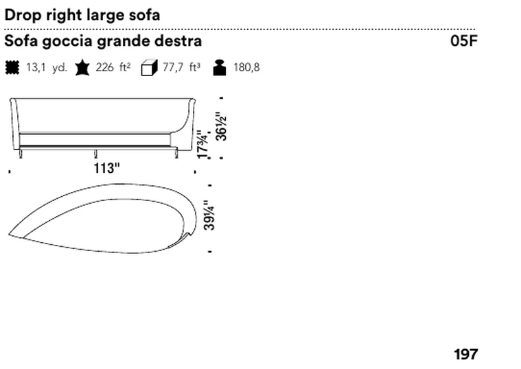 New-Tone Sofa by Moroso, size drawing: Drop right large sofa