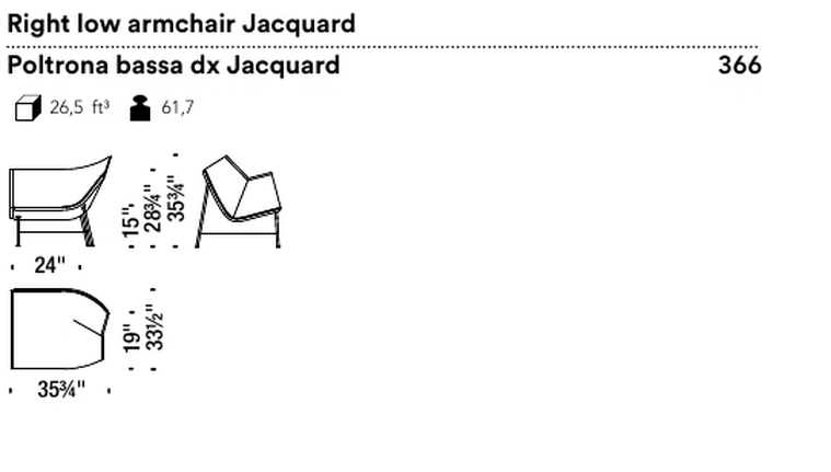 Paper Planes Armchair by Moroso, size drawing: Right low armchair Jacquard