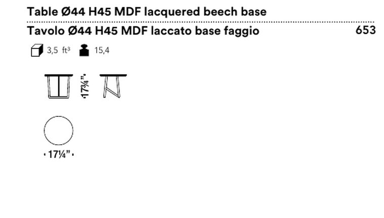 Klara Low Table by Moroso, size drawing: Table Ø44 H45 MDF lacquered beech base
