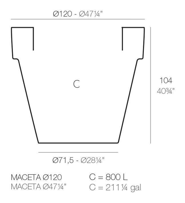 Maceta Planter by Vondom, size drawing