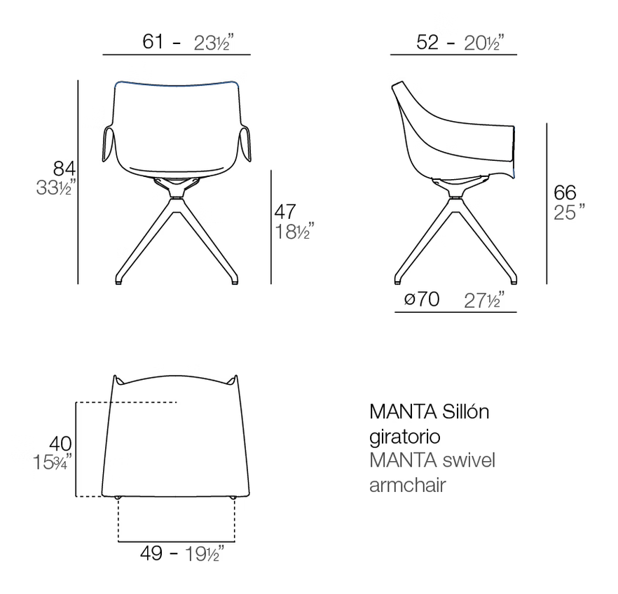 Manta Swivel Armchair by Vondom, size drawing