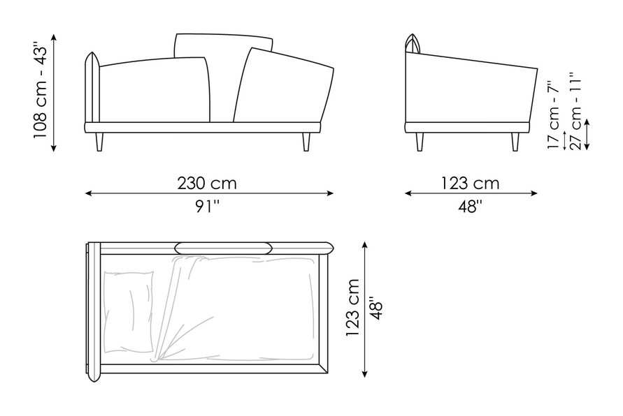Picabia Single Bed by Bonaldo, size drawing