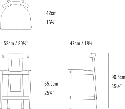 Torii Stool, Wood Seat by Bensen, size drawing: Torii Counter Stool - Wood Seat