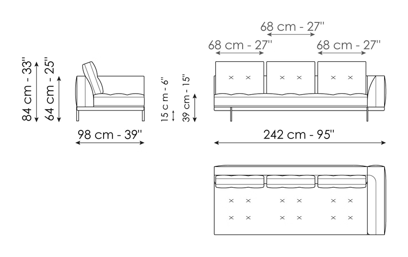 Maximilian Sofa by Bonaldo, size drawing: End section sofa 242
