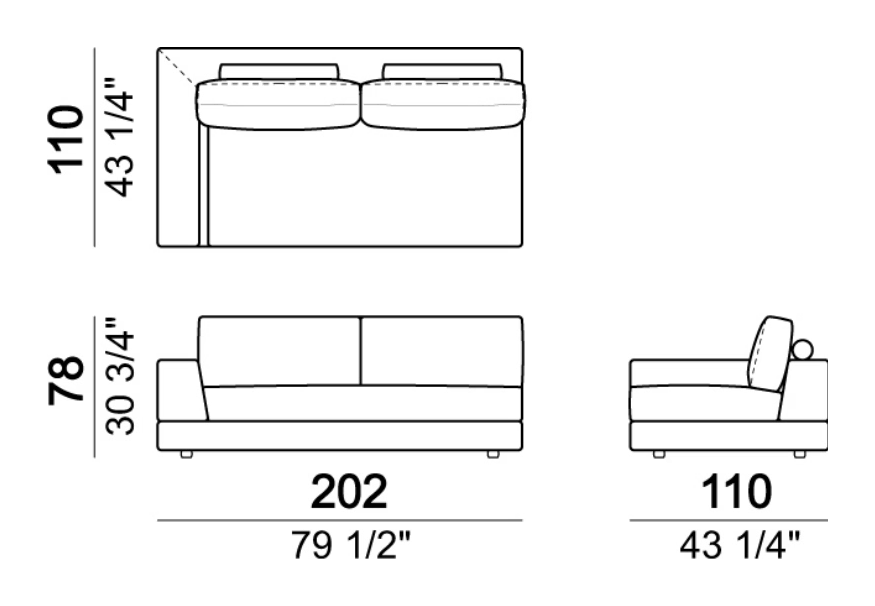 Plat Sofa by Arketipo, size drawing: Right or left unit