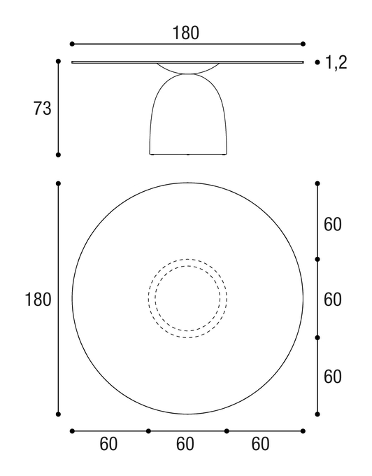Janeiro Dining Table by Lago, size drawing: 2390E · 2390F