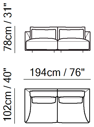 Long Beach Sectional by Natuzzi Italia: Two-seater sofa, outline drawing with sizes