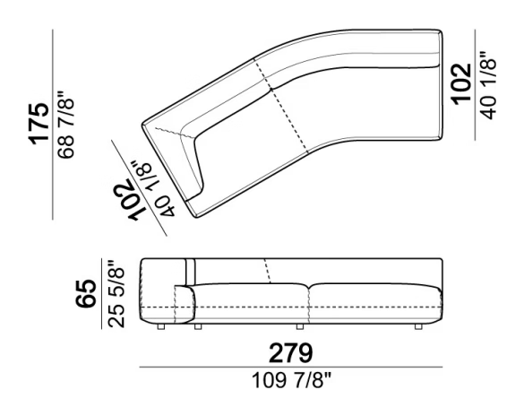 Starman Sofa by Arketipo, size drawing: Right or left unit with angle 30°