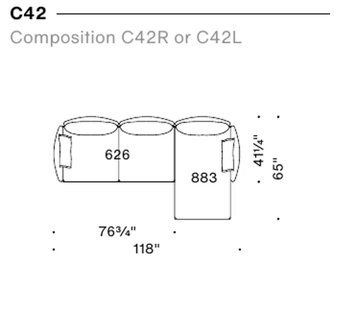 Gentry Sofa by Moroso, size drawing: Composition C42R or C42L