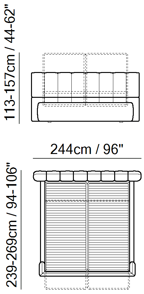 Briq Bed by Natuzzi Italia: Storage bed split mesh 193X203, outline drawing with sizes