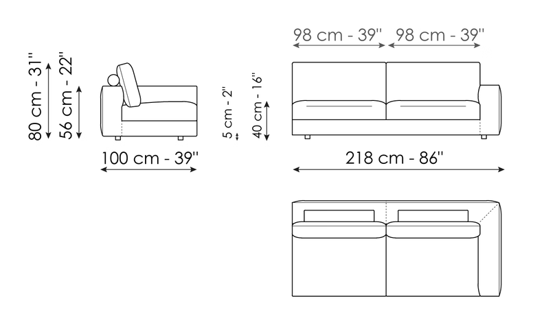 Superhiro Sofa by Bonaldo, size drawing: End section sofa 218