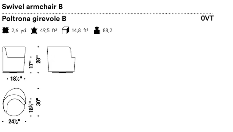 Taba Armchair by Moroso, size drawing: Swivel armchair B