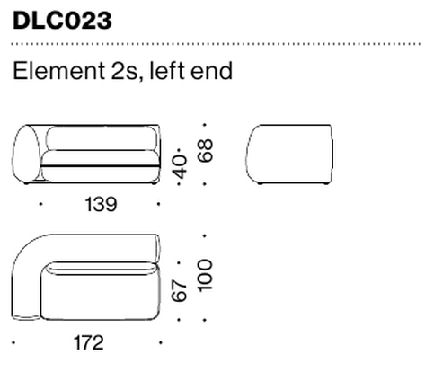 D-Scape Sofa by Moroso, size drawing: Element 2s, left end