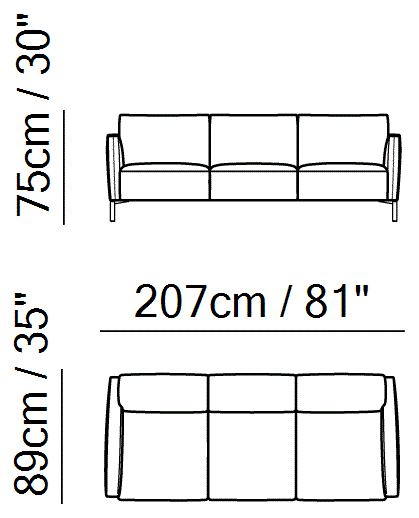 Tratto Sectional by Natuzzi Italia: Large three-seater sofa, outline drawing with sizes
