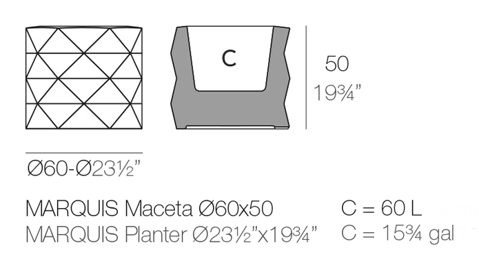 Marquis Maceteros Planter by Vondom, size drawing