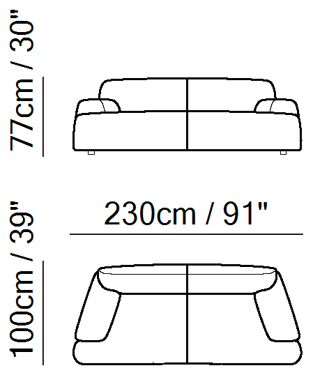 Buddie Sectional by Natuzzi Italia: Sofa, 230 cm, outline drawing with sizes