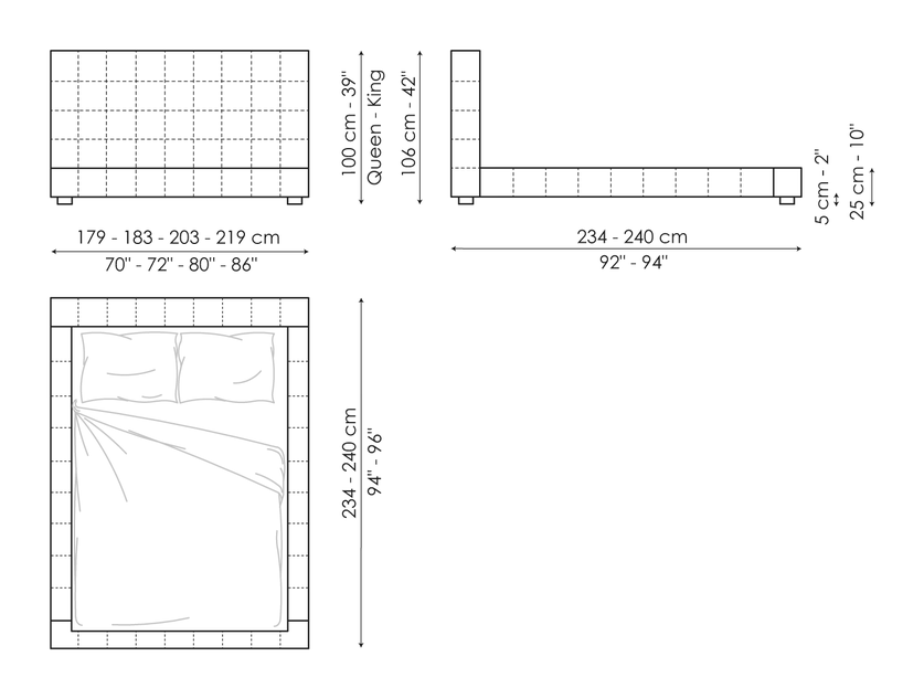 Squaring Double Bed by Bonaldo, size drawing: Squaring alto