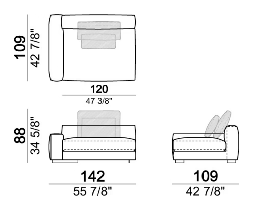 Atlas Sofa by Arketipo, size drawing: Right or left unit SLIM