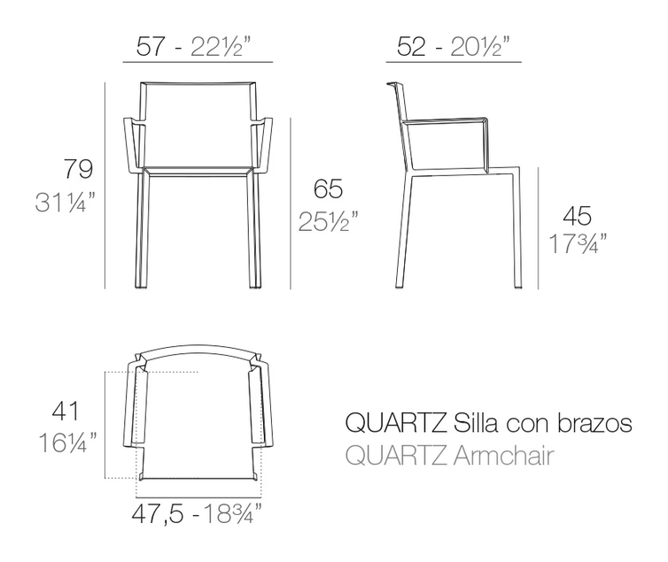 Quartz Chair With Arms by Vondom, size drawing