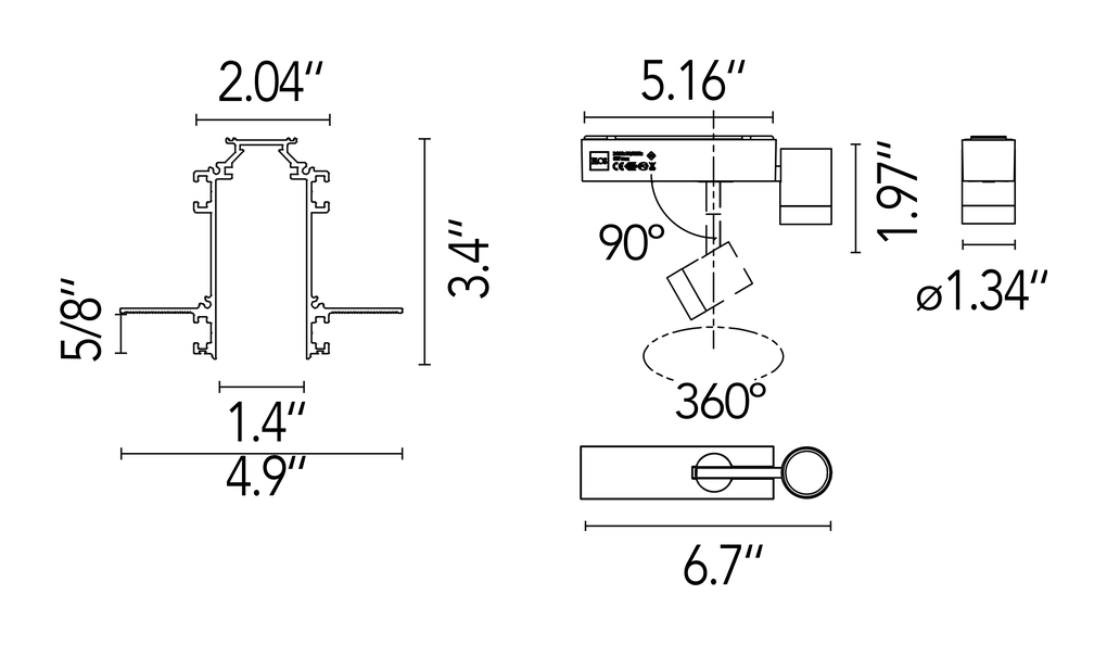 The Running Magnet JA8 Lighting Kits by Flos, size drawing: The Running Magnet Kit 3 - Recessed Version Spot Modules JA8 Black