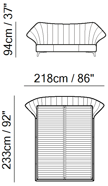 Cala Bed by Natuzzi Italia: Bed with split mesh 152X203, outline drawing with sizes