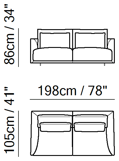 Long Beach Sectional by Natuzzi Italia: Two-seater sofa, outline drawing with sizes