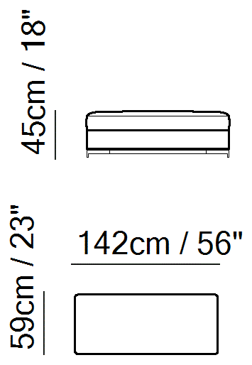 Leaf Sectional by Natuzzi Italia: Rectangular ottoman, outline drawing with sizes