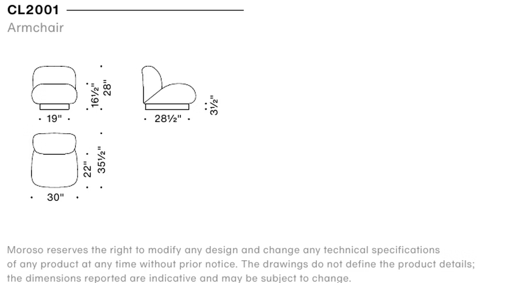 Clay Armchair by Moroso, size drawing