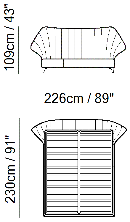Cala Bed by Natuzzi Italia: Bed with split mesh 160X200 and tall headboard, outline drawing with sizes