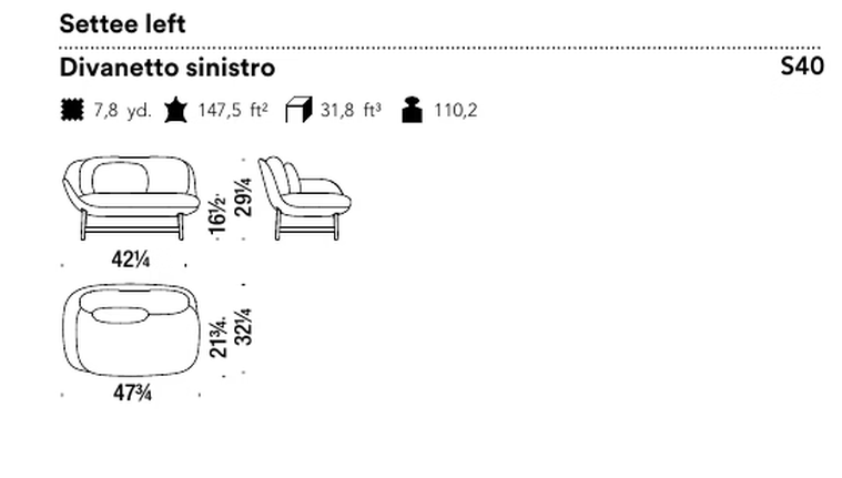 Ottoman Settee by Moroso, size drawing: Settee left