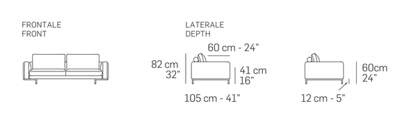 Cortina Plain Sofa by Nicoline, size drawing: Front and side views