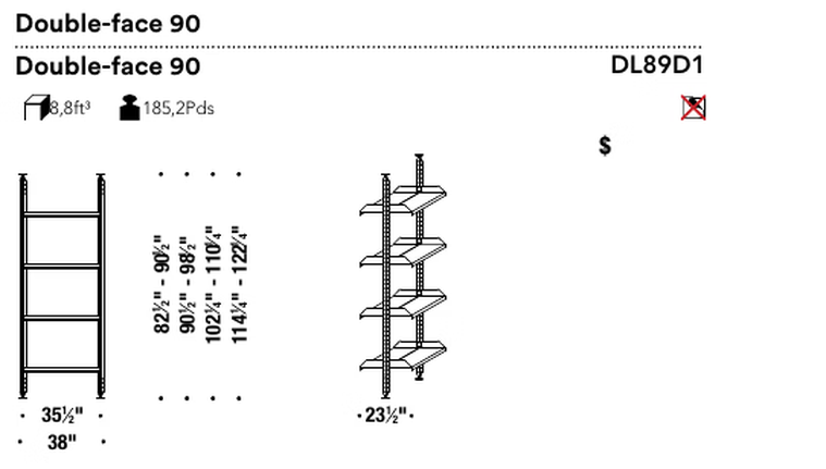 Mecano Bookcase by Moroso, size drawing: Double-face 90