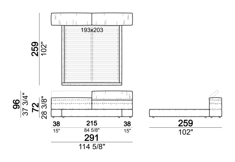 Mayfair Dream Bed by Arketipo, size drawing: Bed with large headboard