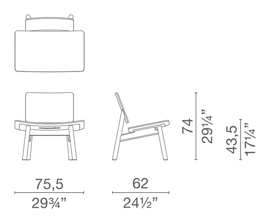 Hiroi Armchair by Cappellini, size drawing