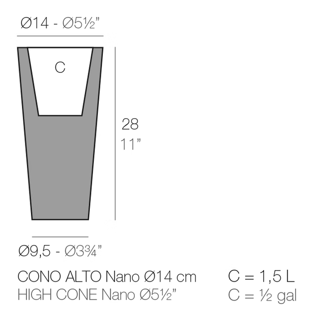 Cono Planter by Vondom, size drawing