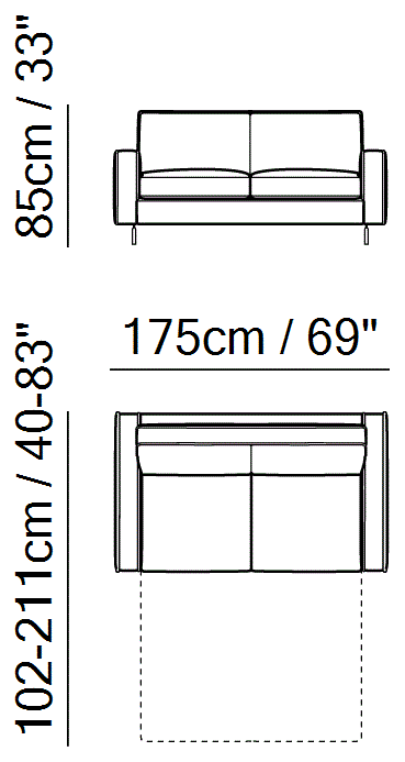 Capriccio Sofa Bed by Natuzzi Italia: Two-seater sofa-bed with Greenplus mattress, outline drawing with sizes