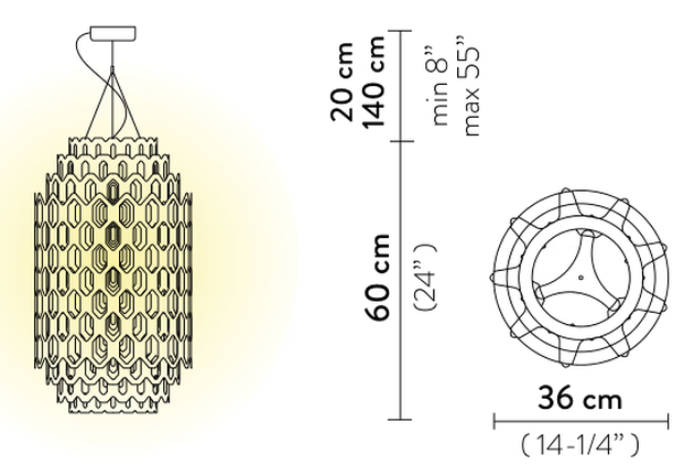 Chantal Pendant Lamp by Slamp, size drawing: Chantal Suspension Small